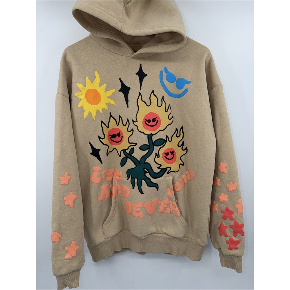PacSun Hoodie Sweatshirt Small Beige Fleece Lost And Never Found Graphic Puff